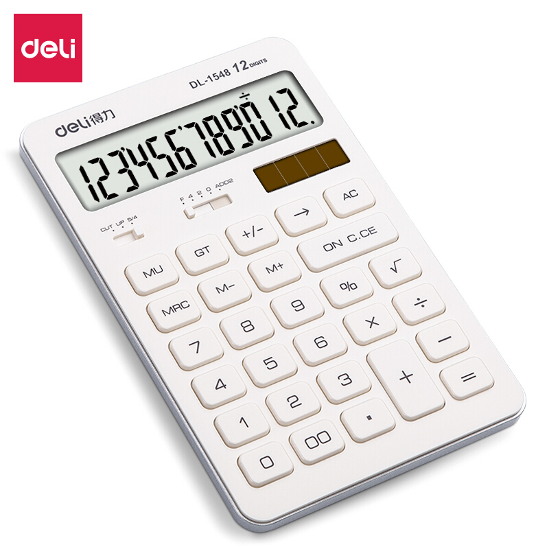 得力(deli)双电源平板式计算器 12位大屏桌面计算机 白色