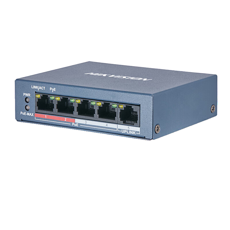 海康威视 POE交换机5口百兆监控交换机金属外壳散热非网管延长网线传输DS-3E0105P-E/M