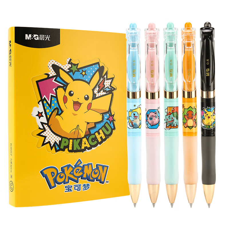 晨光(M&G)文具K35速干按动中性笔0.5mm黑色子弹头 宝可梦联名礼盒 5支装QGPK3557