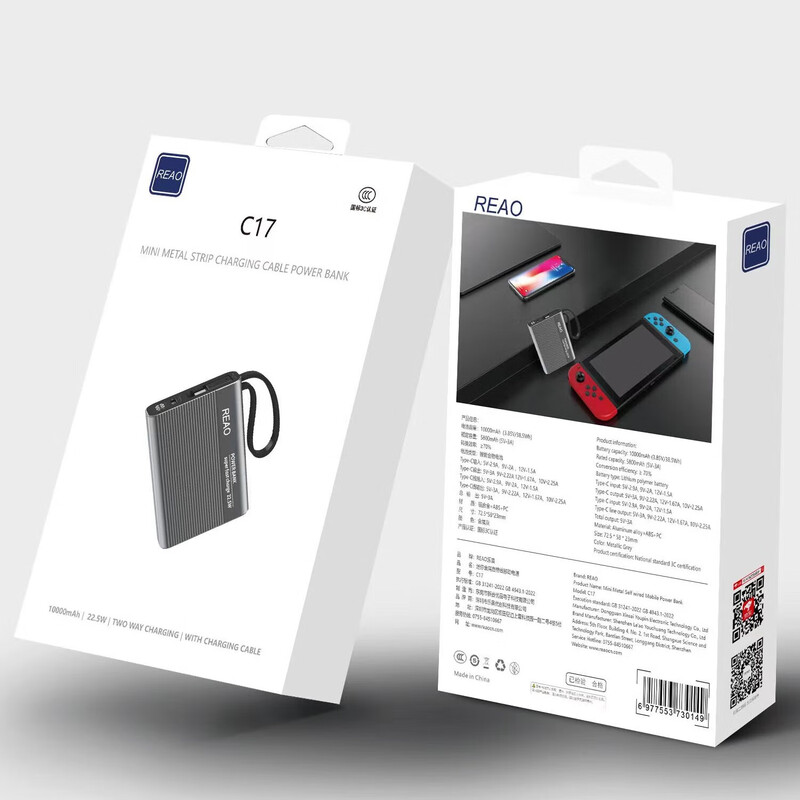 REAO泺澳C17 3C认证可上飞机迷你金属自带线快充移动电源10000毫安充电宝双向快充浅灰色