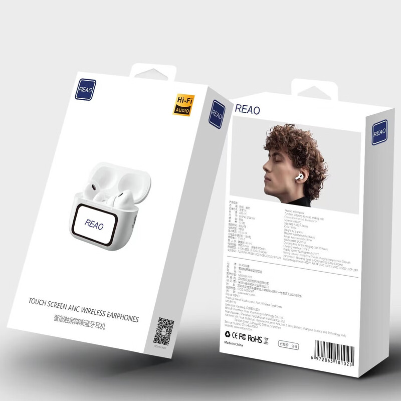 REAO泺澳Y6智能触屏降噪无线耳机蓝牙耳机带显示屏耳机操作简单 白色