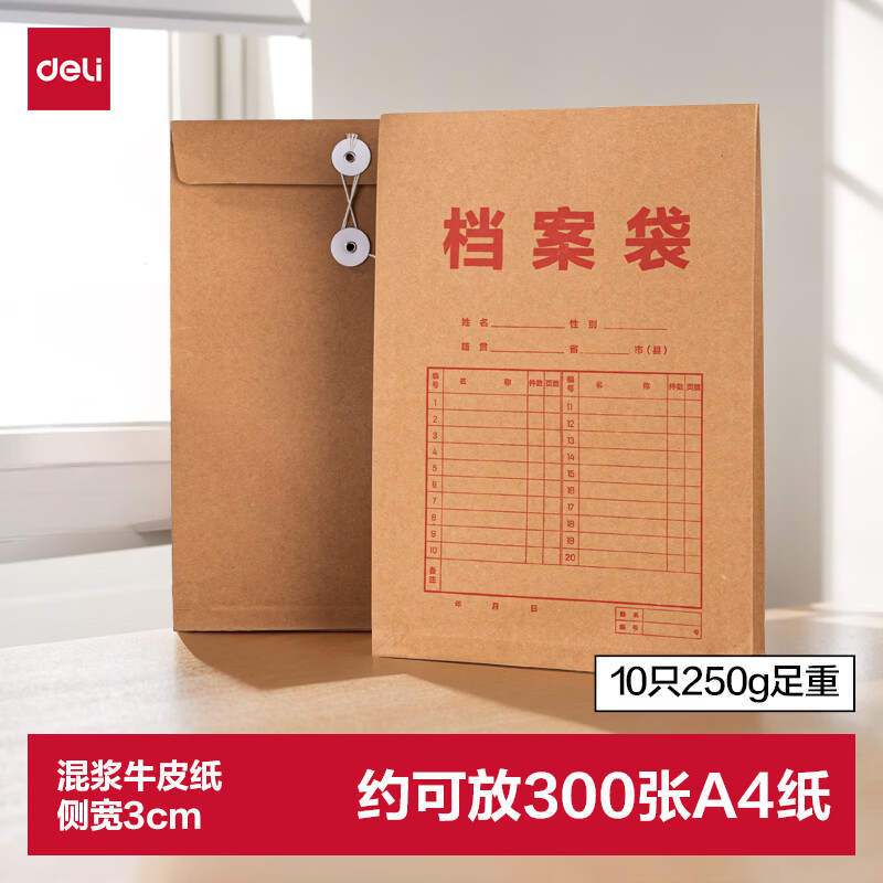 得力10只/A4侧宽3cm混浆皮纸档案袋加厚封面投标档案袋合同标书资料文件保护财务票据收纳8383